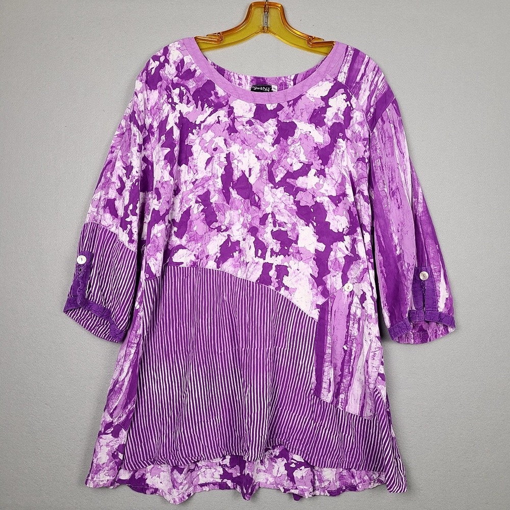 Iguana Womens XL Tunic Top Pockets Artsy Lagenlook Purple White Asymmetrical